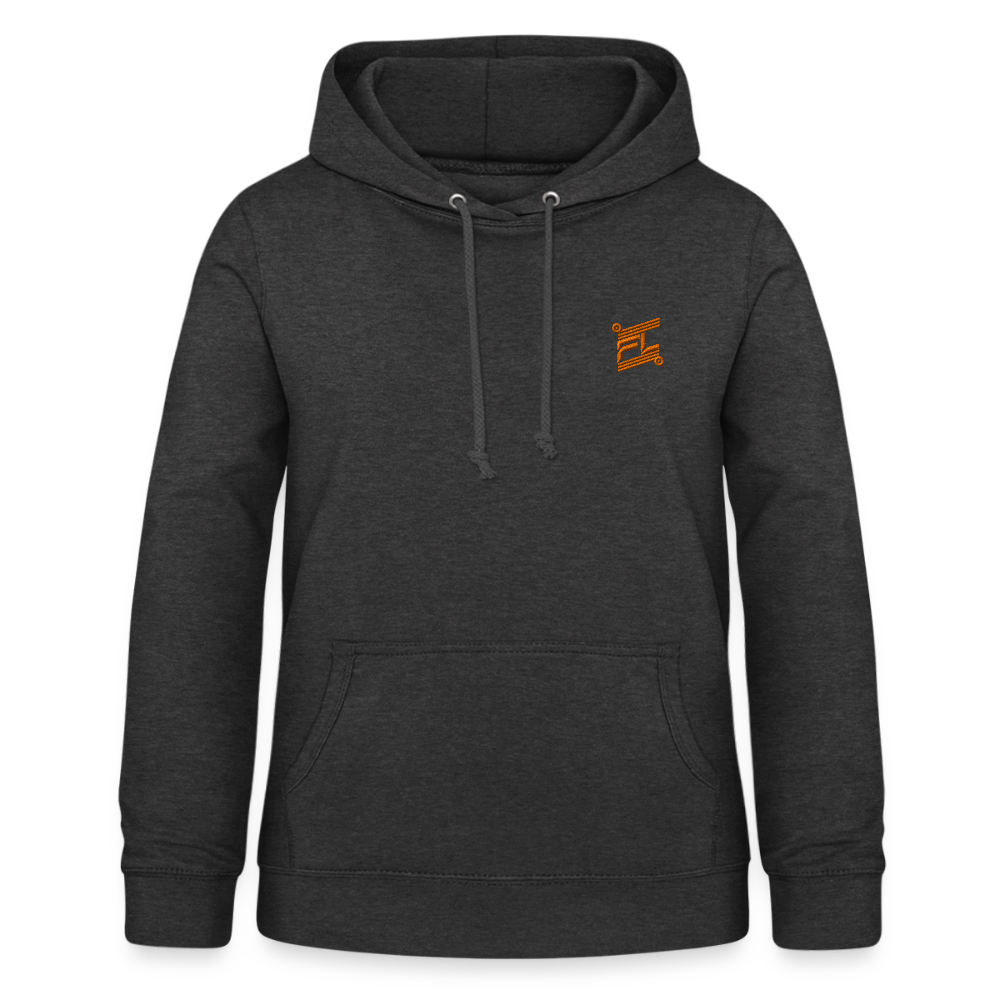 Sweat à capuche femme FL-FIT charbon vue de face à plat, coupe confort, capuche doublée, logo FL-FIT orange brodé sur la poitrine gauche, fond blanc
