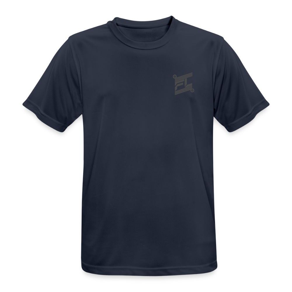 T-shirt respirant homme bleu marine foncé vue de face à plat, col rond, design minimaliste sans logo visible, fond blanc
