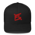BILLIE retro trucker hat black noir avec mesh black noir, mockup face avant, logo rouge FL brodé, fond blanc