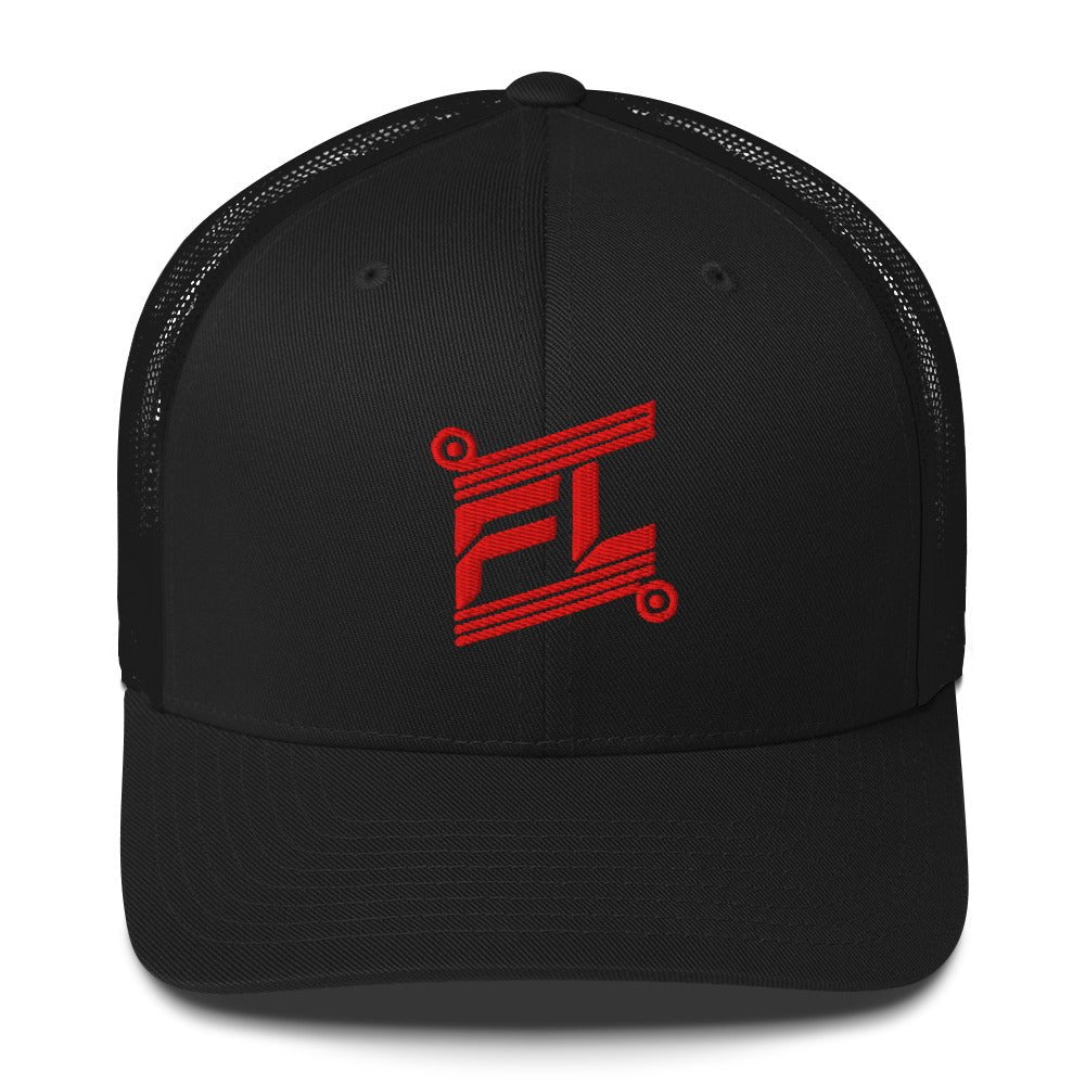 BILLIE retro trucker hat black noir avec mesh black noir, mockup face avant, logo rouge FL brodé, fond blanc