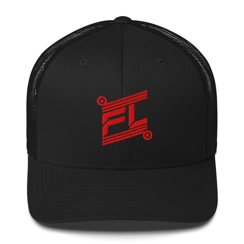 BILLIE retro trucker hat black noir avec mesh black noir, mockup face avant, logo rouge FL brodé, fond blanc