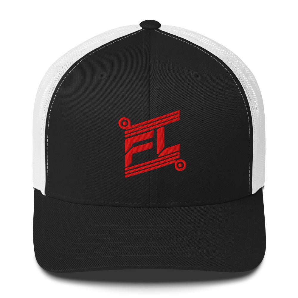 BILLIE retro trucker hat black noir avec mesh blanc, mockup face avant, logo rouge FL brodé, fond blanc