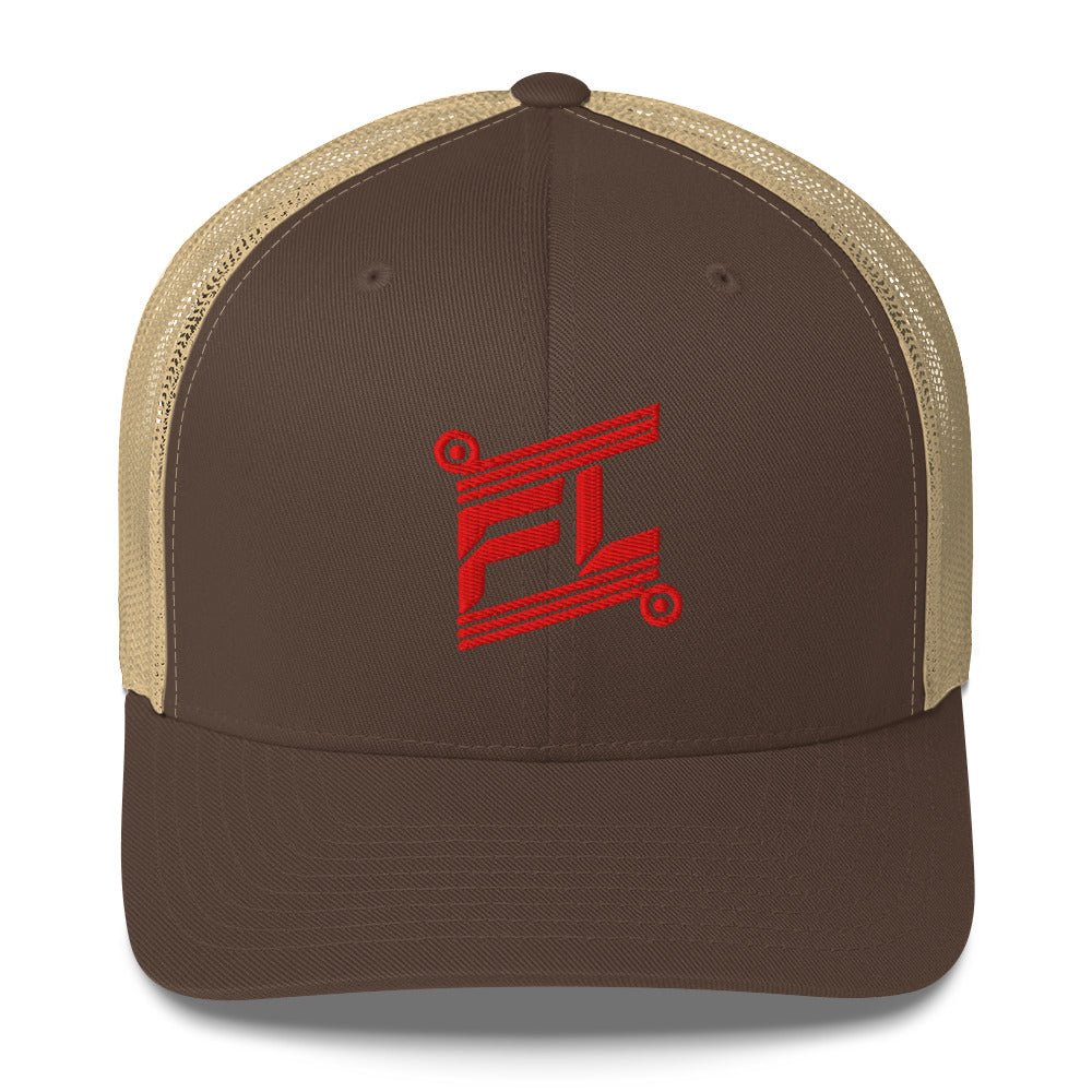 BILLIE retro trucker hat brown marron avec mesh kaki sable, mockup face avant, logo rouge FL brodé, fond blanc