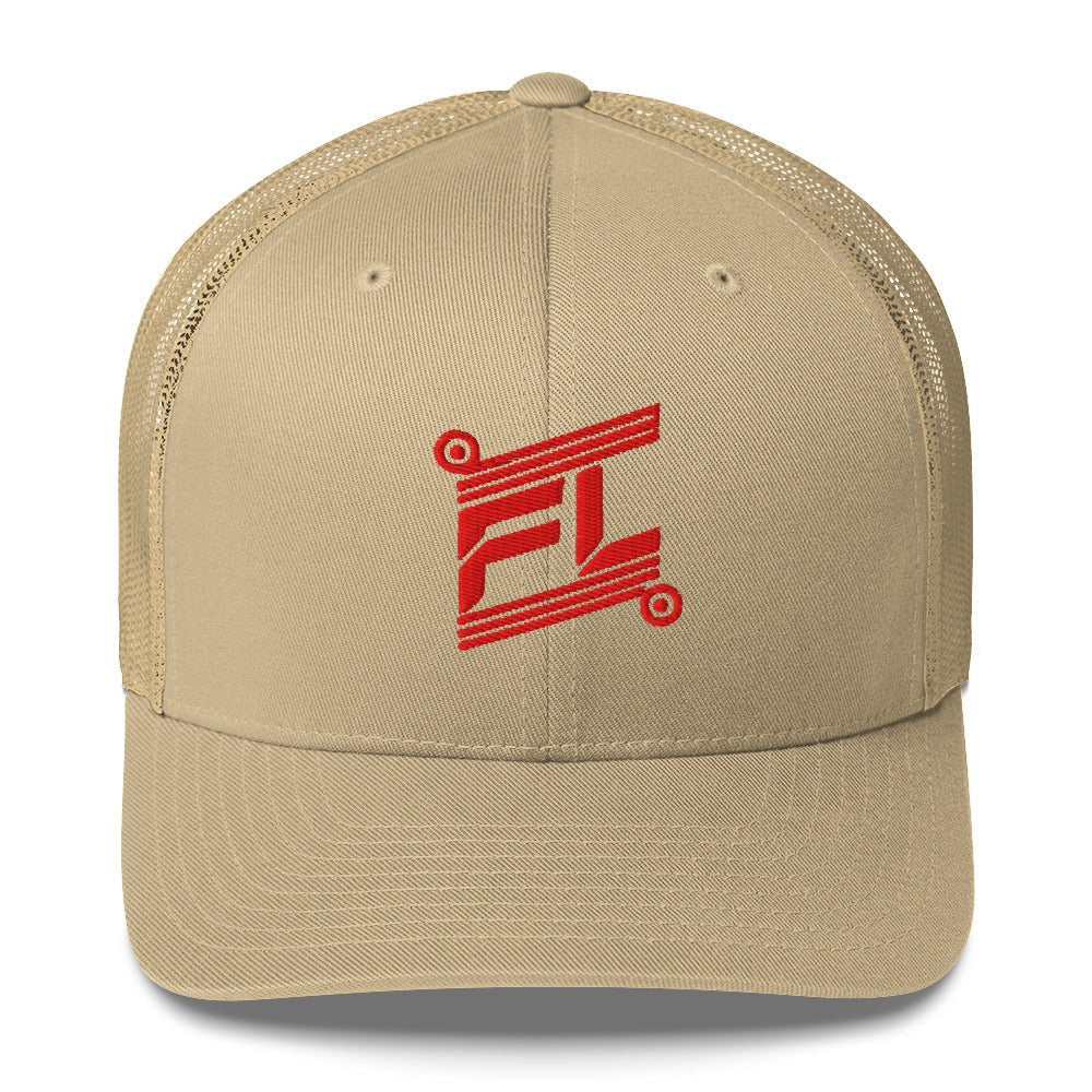 BILLIE retro trucker hat kaki beige, mesh assorti, mockup face avant, petit logo brodé, fond blanc
