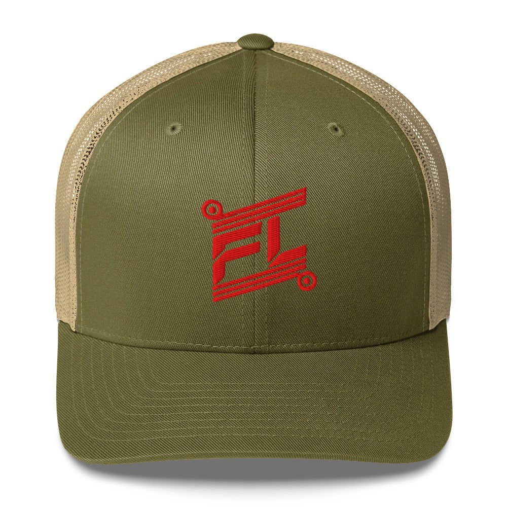 BILLIE retro trucker hat moss vert olive avec mesh kaki sable, mockup face avant, logo rouge FL brodé, fond blanc