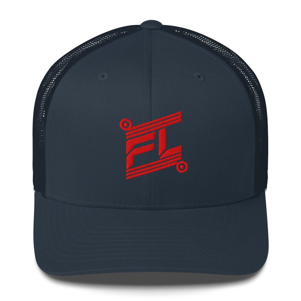 BILLIE retro trucker hat navy bleu marine avec mesh noir, mockup face avant, logo rouge FL brodé, fond blanc
