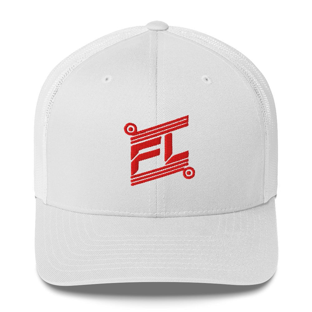 BILLIE retro trucker hat white blanc avec mesh white blanc, mockup face avant, logo rouge FL brodé, fond blanc