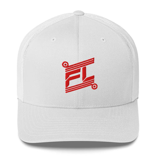 BILLIE retro trucker hat white blanc avec mesh white blanc, mockup face avant, logo rouge FL brodé, fond blanc