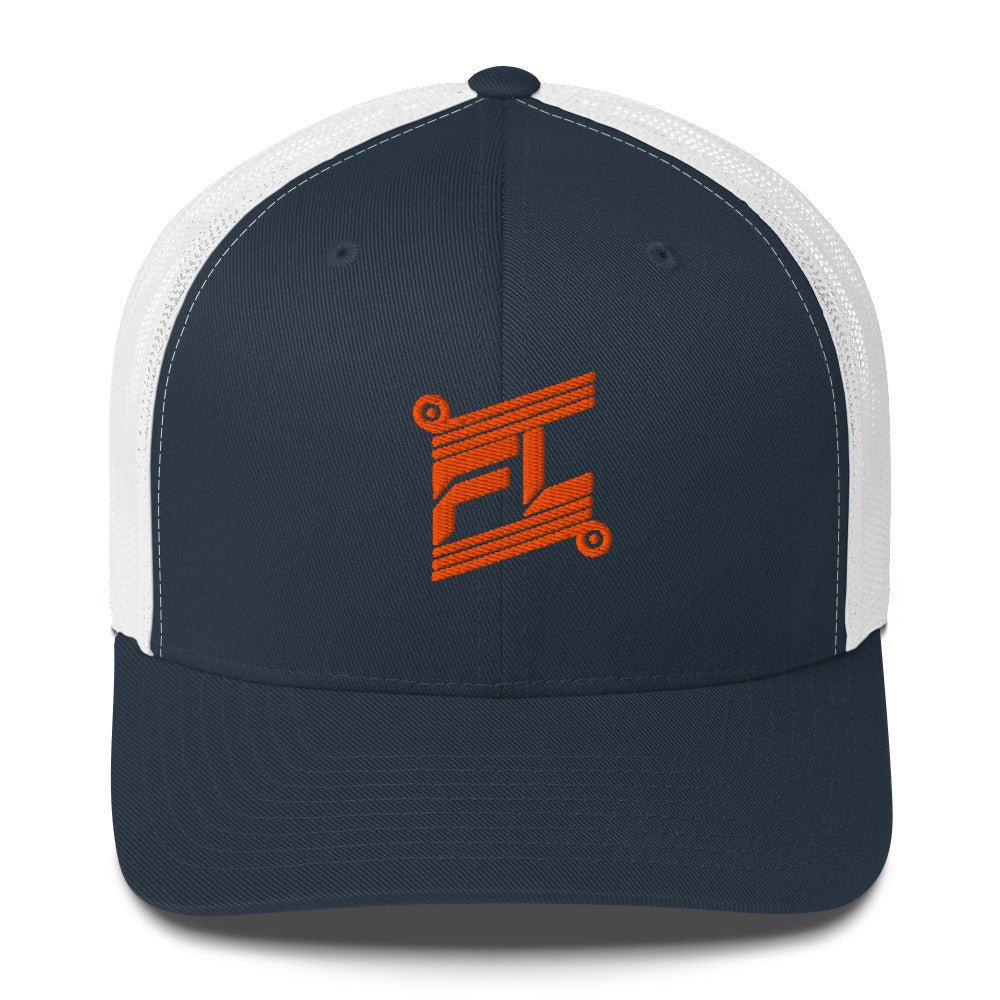 BILLIE trucker cap bleu marine et blanc, mockup face avant, logo orange brodé, fond blanc