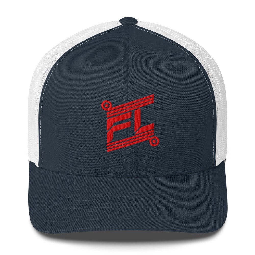 BILLIE trucker cap bleu marine avec mesh blanc, mockup face avant, logo rouge brodé, fond blanc avec cadre noir