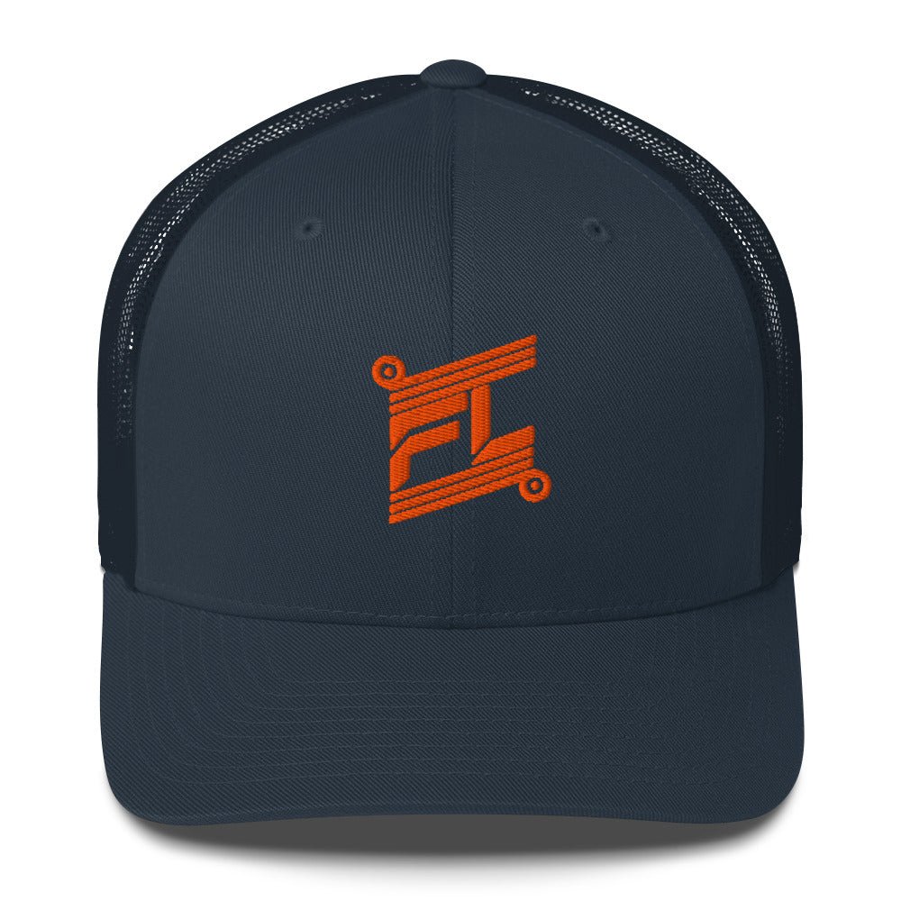 BILLIE trucker cap bleu marine ton sur ton, mockup face avant, logo orange brodé, fond blanc