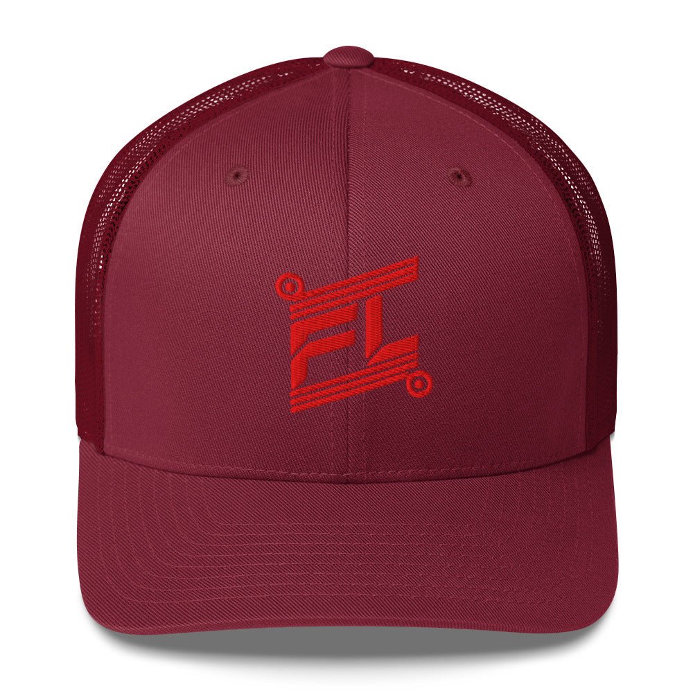 BILLIE trucker cap bordeaux ton sur ton, mockup face avant, logo rouge brodé, fond blanc