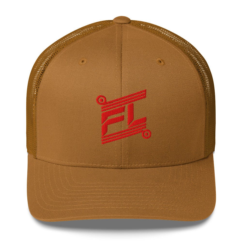 BILLIE trucker cap camel ton sur ton, mockup face avant, logo rouge brodé, fond blanc