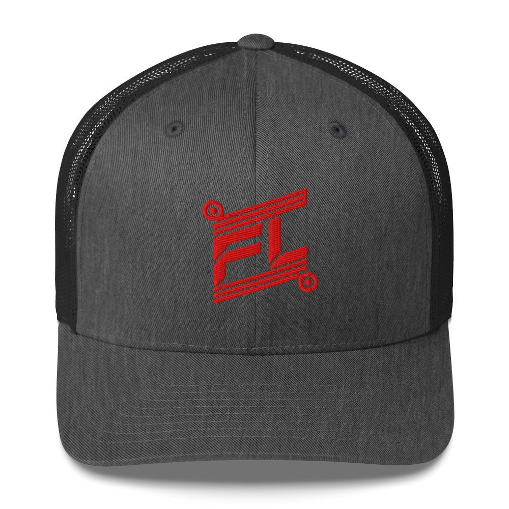 BILLIE trucker cap gris anthracite chiné avec mesh noir, mockup face avant, logo rouge brodé, fond blanc
