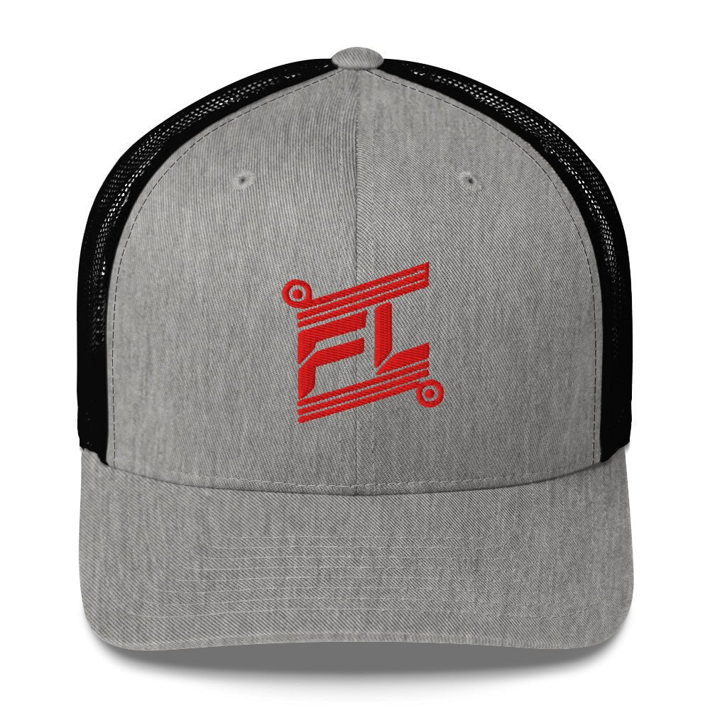 BILLIE trucker cap gris chiné avec mesh noir, mockup face avant, logo rouge brodé, fond blanc