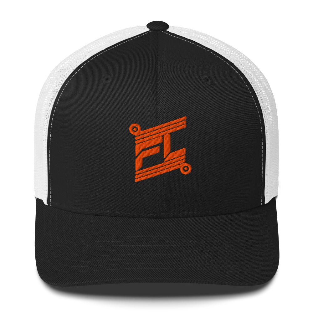 BILLIE trucker cap noir et blanc, mockup face avant, logo orange brodé, fond blanc