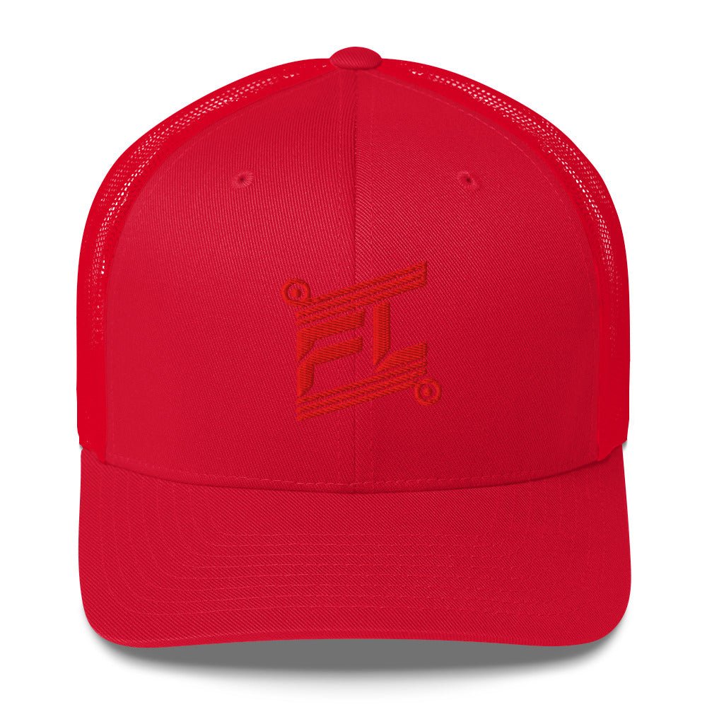 BILLIE trucker cap rouge full color avec mesh rouge, mockup face avant, logo rouge ton sur ton brodé, fond blanc
