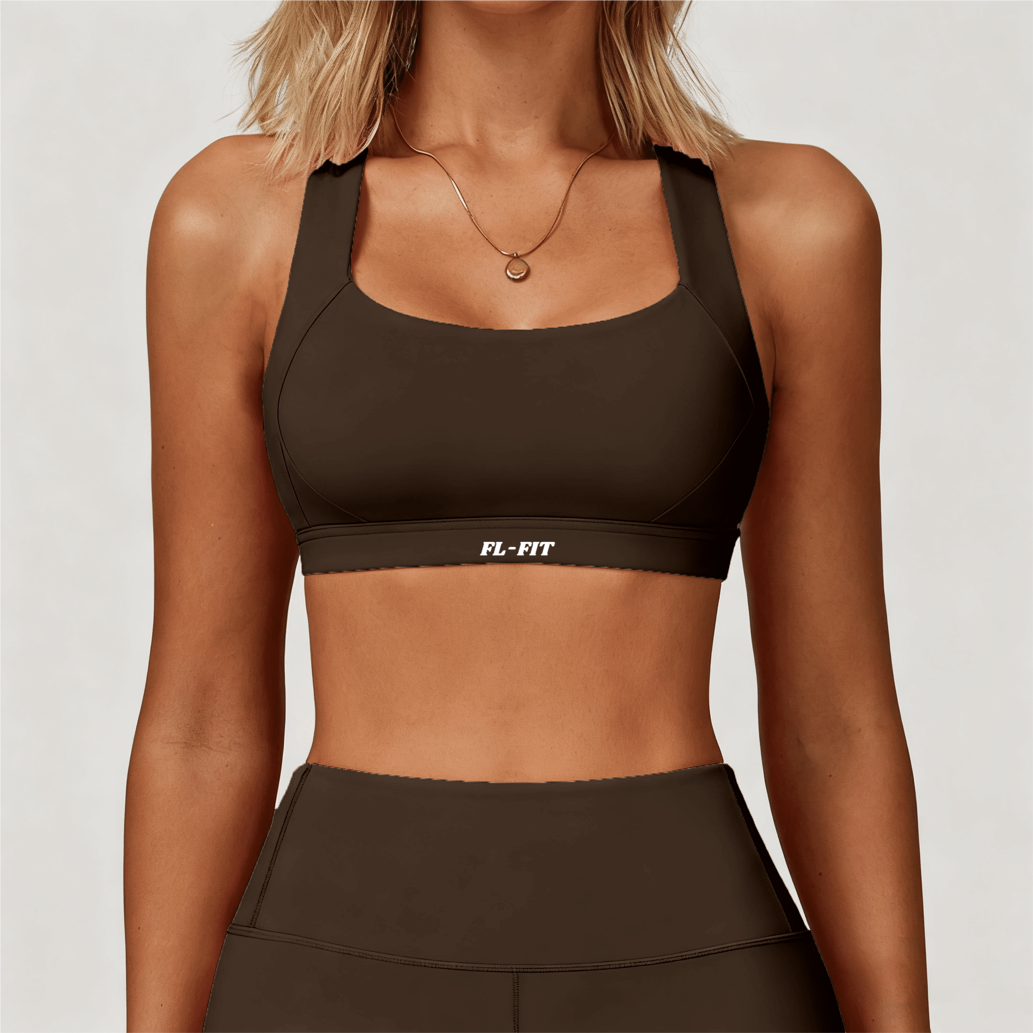 Femme portant une Brassière gainant marron  FL-FIT pour femme fitness