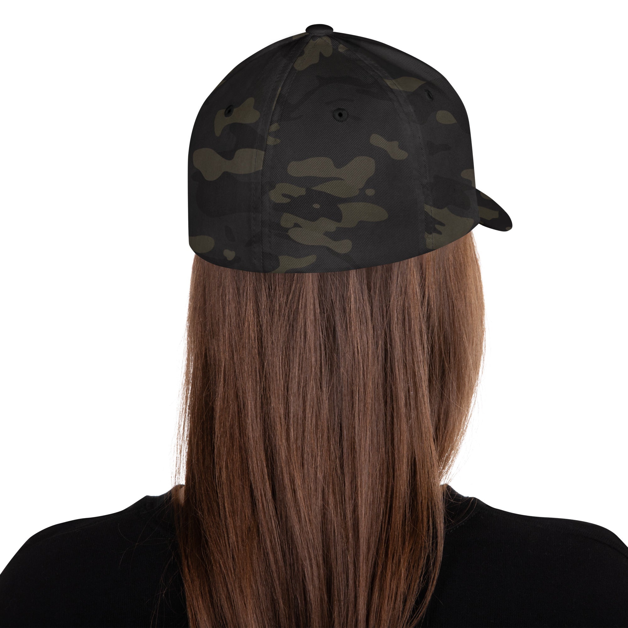 FL-FIT Casquette Billie — unisexe, vert foncé camouflage, face, logo blanc brodé