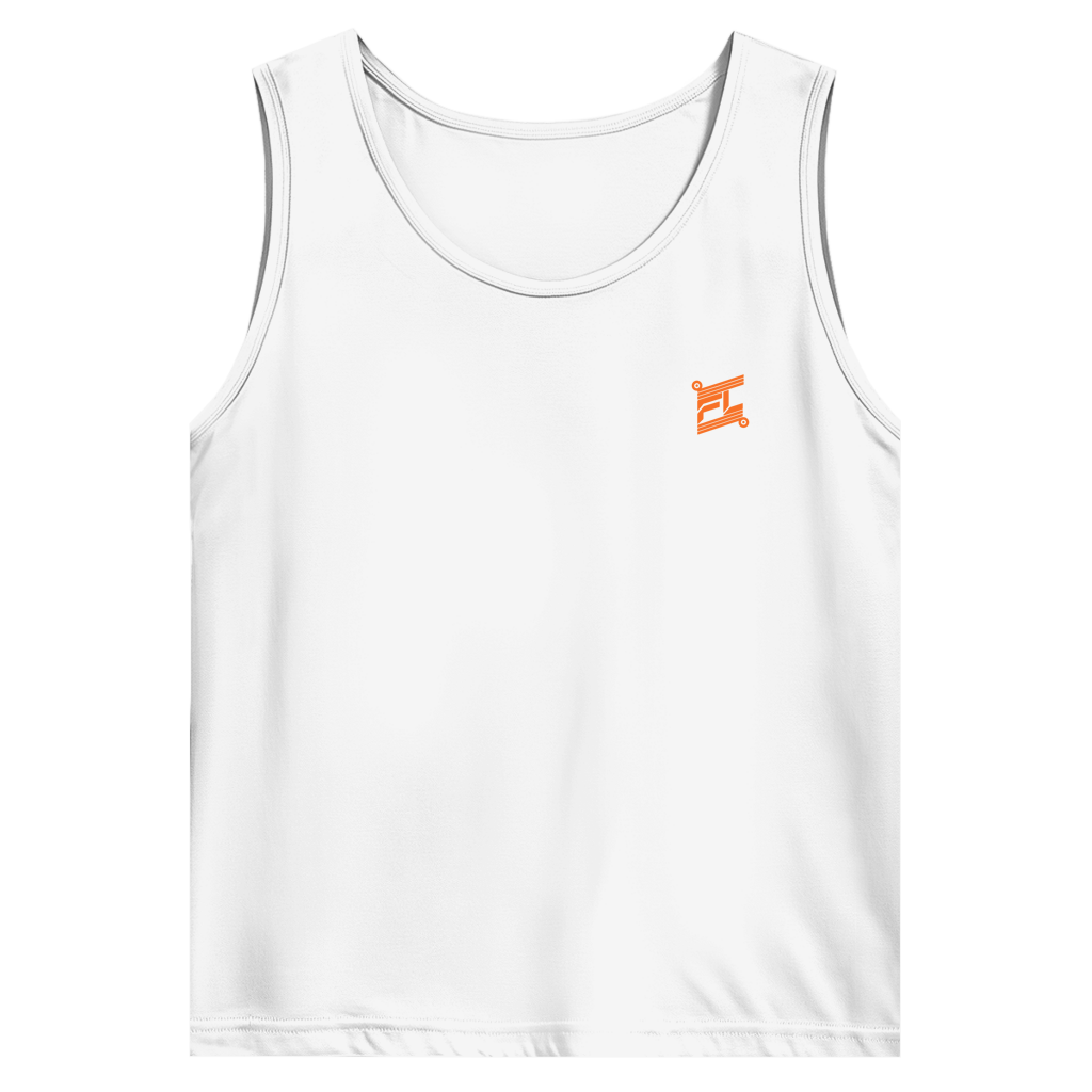 Face avant d'un débardeur basic blanc avec logo de couleur orange 