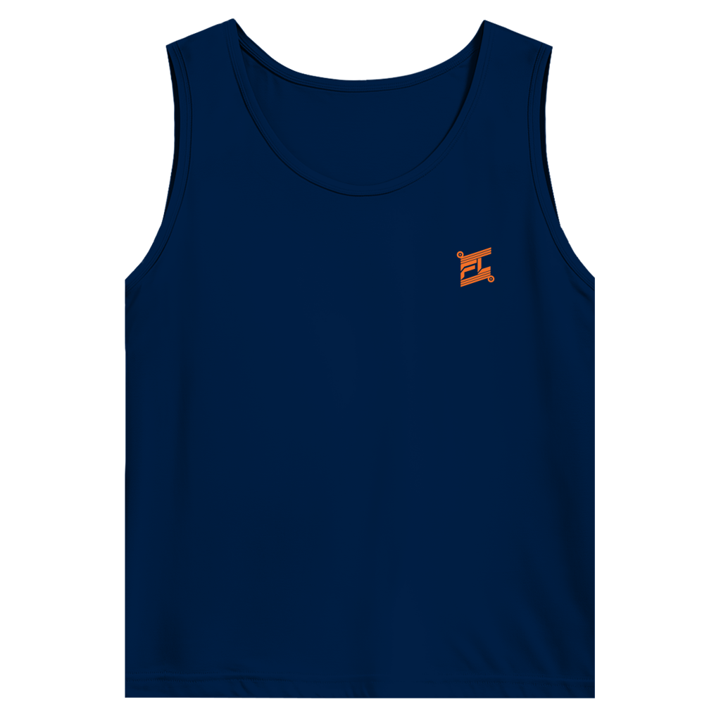 Face avant d'un débardeur basic bleu foncé avec logo de couleur orange 
