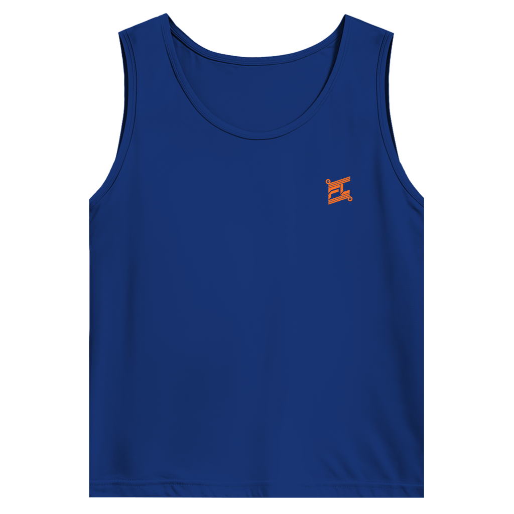 Face avant d'un débardeur basic bleu avec logo de couleur orange 