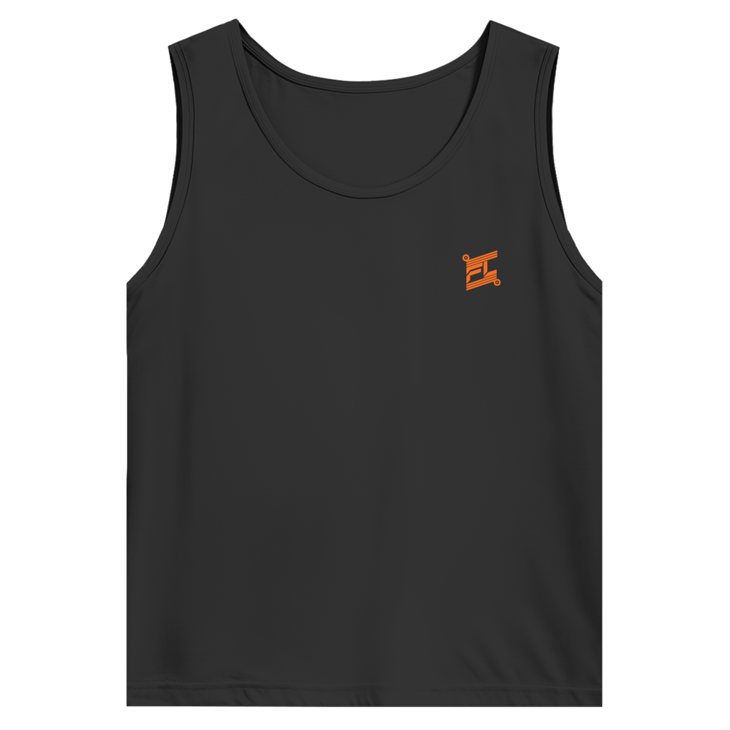 Face avant d'un débardeur basic noir avec logo de couleur orange 