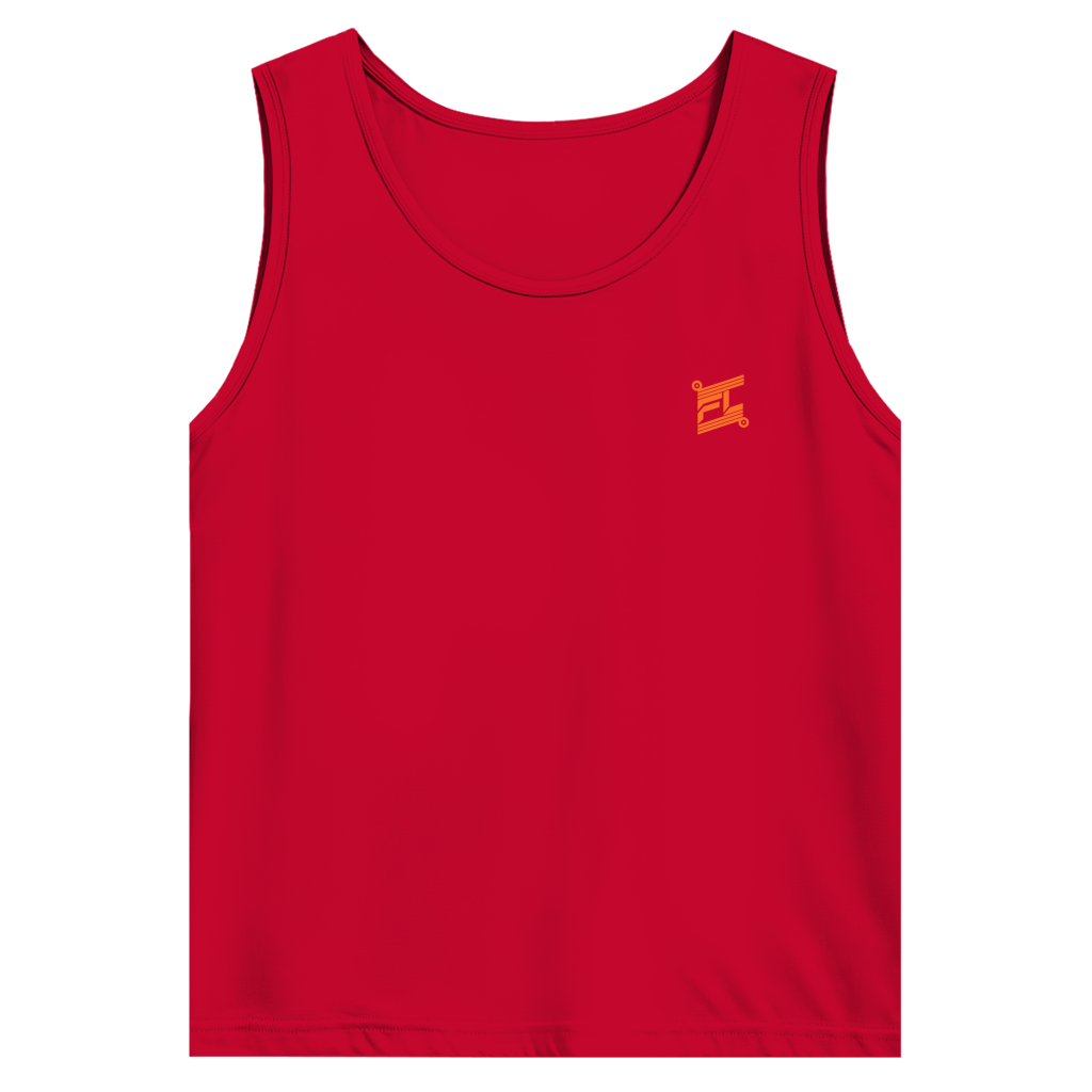Face avant d'un débardeur basic rouge avec logo de couleur orange 