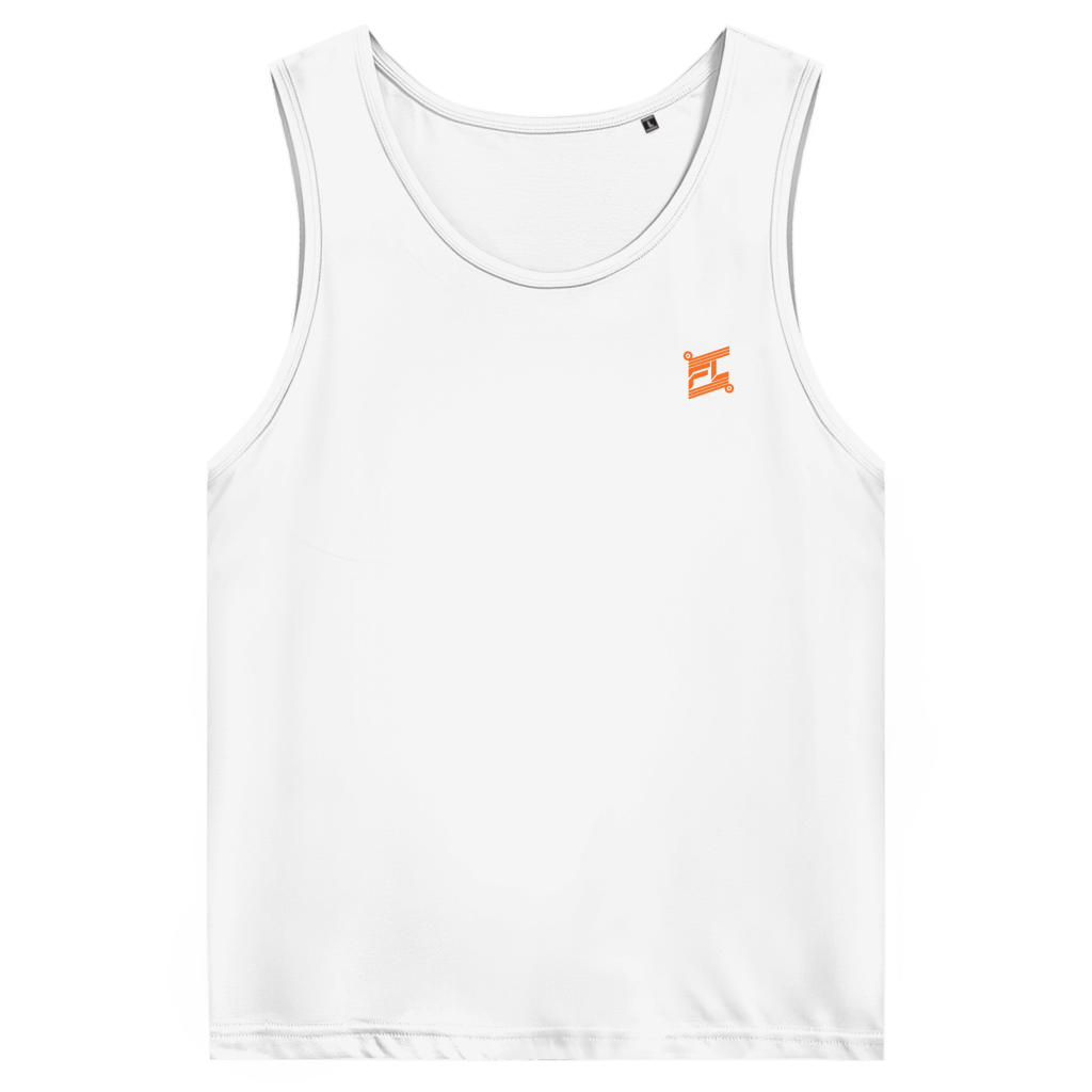 Face avant d'un débardeur premium couleur blanc avec logo couleur orange 