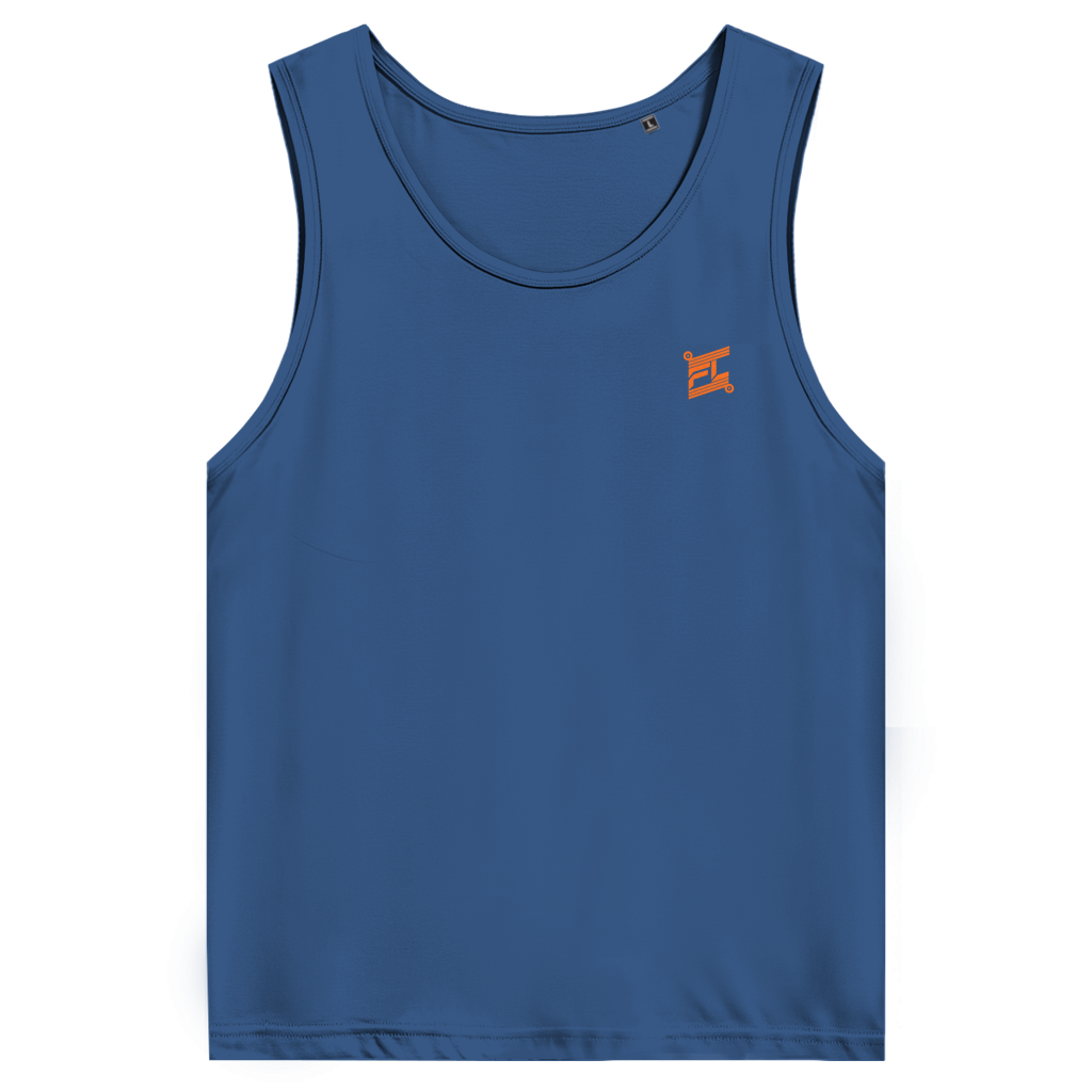 Face avant d'un débardeur premium couleur bleu avec logo couleur orange 