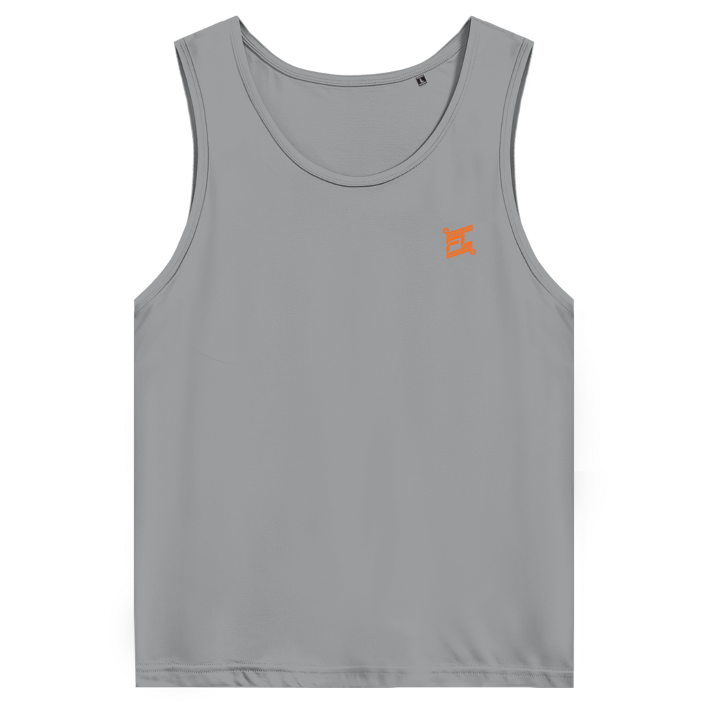 Face avant d'un débardeur premium couleur gris avec logo couleur orange 