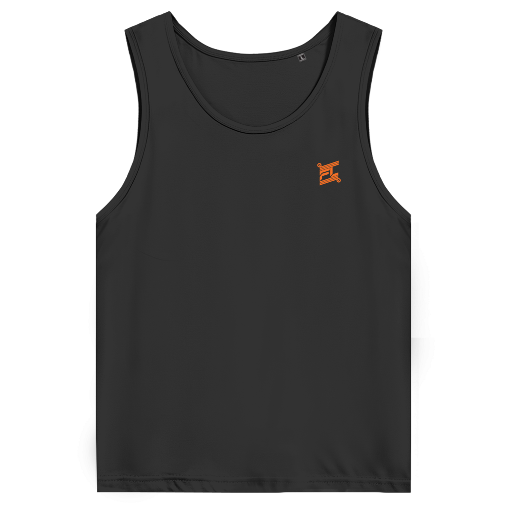 Face avant d'un débardeur premium couleur noir avec logo couleur orange 