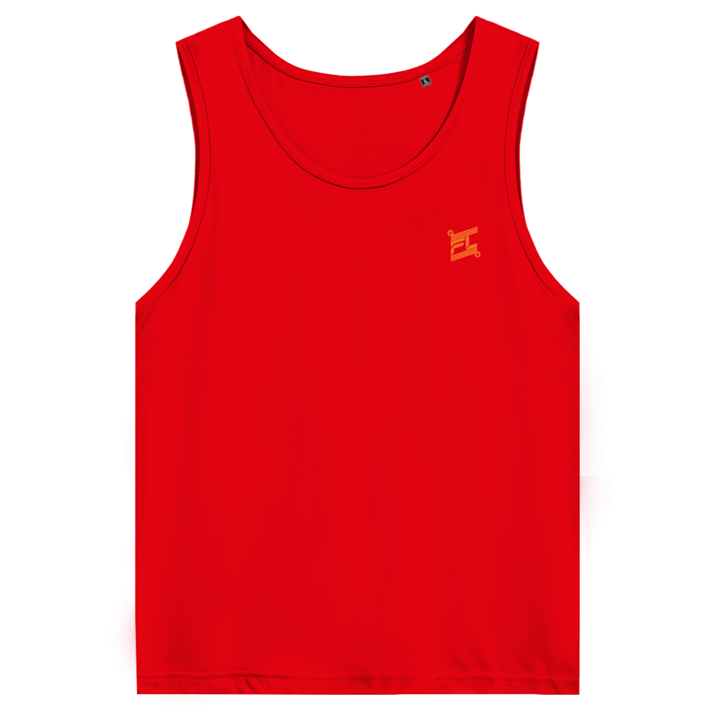 Face avant d'un débardeur premium couleur rouge avec logo couleur orange 