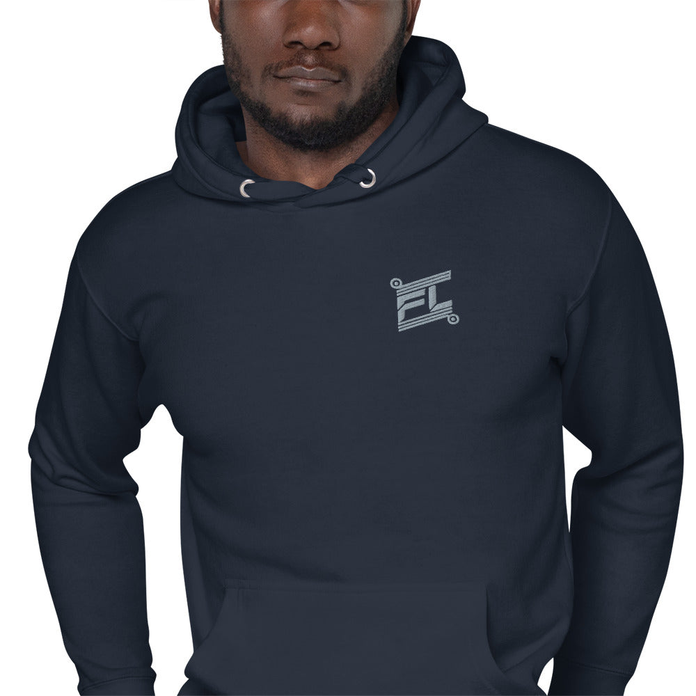 FL-FIT Ignite hoodie M2580 bleu marine, mockup zoomed-in torse, logo gris brodé, fond blanc
