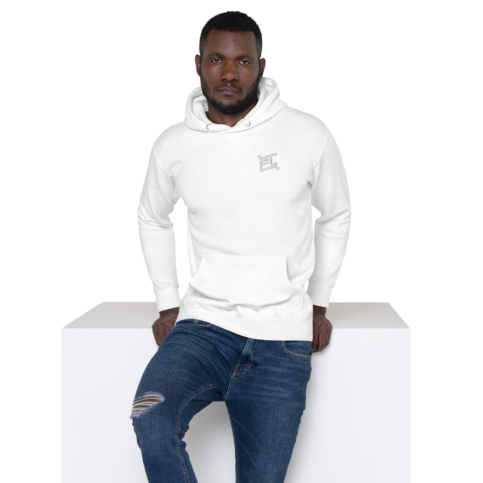 FL-FIT Ignite hoodie M2580 blanc, mockup face avant, logo gris brodé, fond blanc