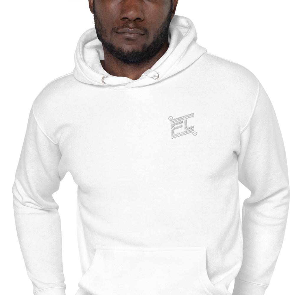 FL-FIT Ignite hoodie M2580 blanc, mockup zoomed-in torse, logo gris brodé, fond blanc
