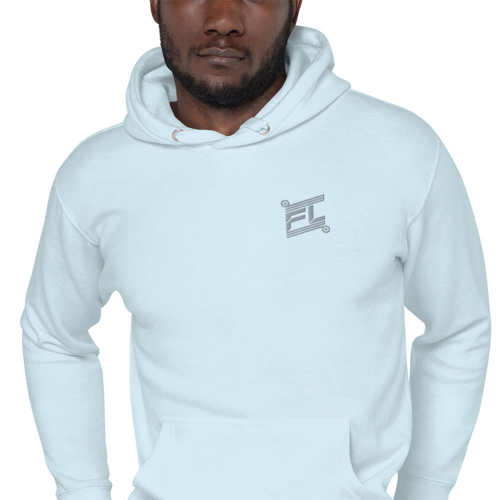 FL-FIT Ignite hoodie M2580 bleu ciel, mockup face avant, logo gris brodé, fond blanc
