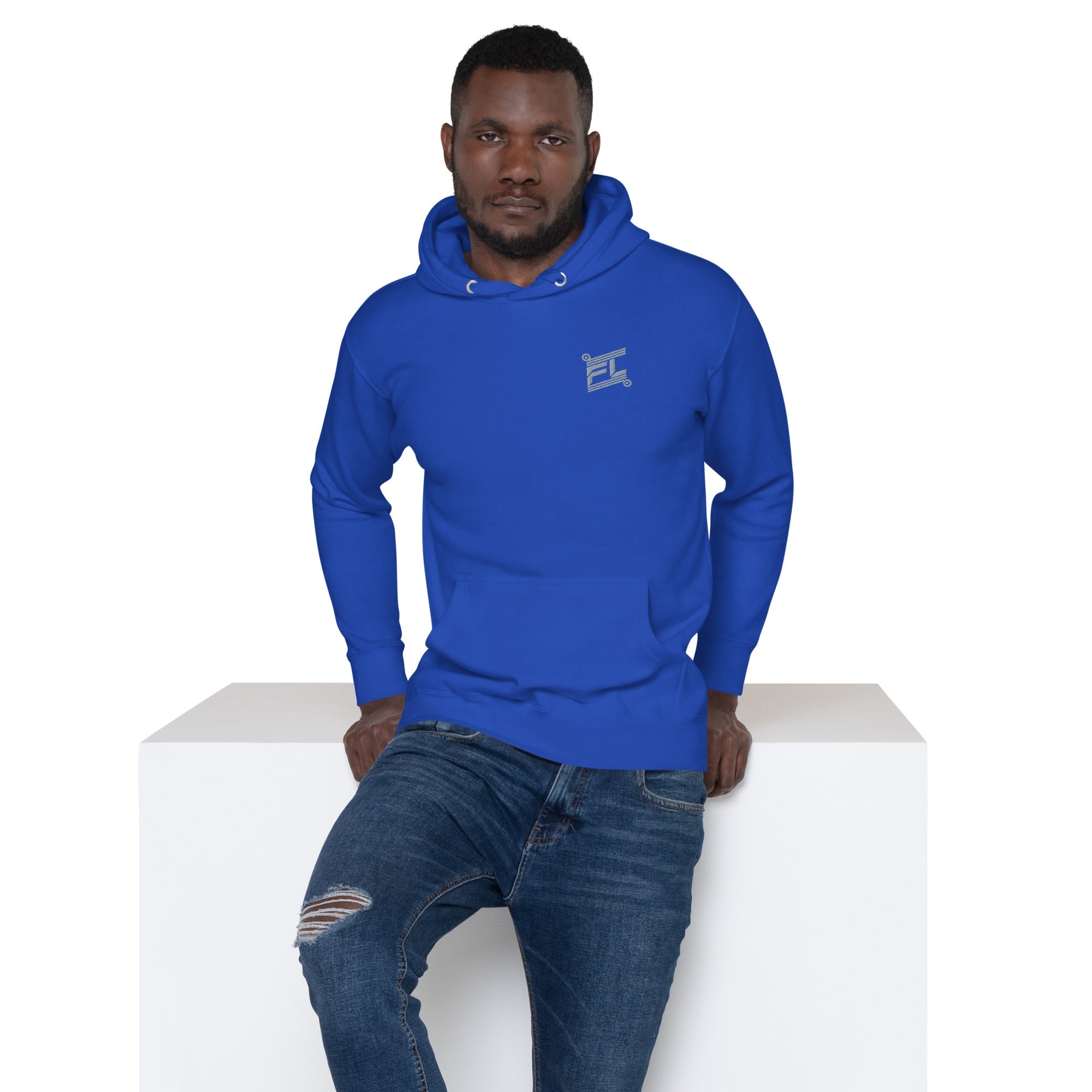 FL-FIT Ignite hoodie M2580 bleu roi, mockup face avant, logo gris brodé, fond blanc

