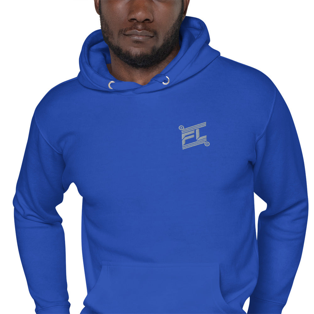 FL-FIT Ignite hoodie M2580 bleu roi, mockup zoomed-in torse, logo gris brodé, fond blanc

