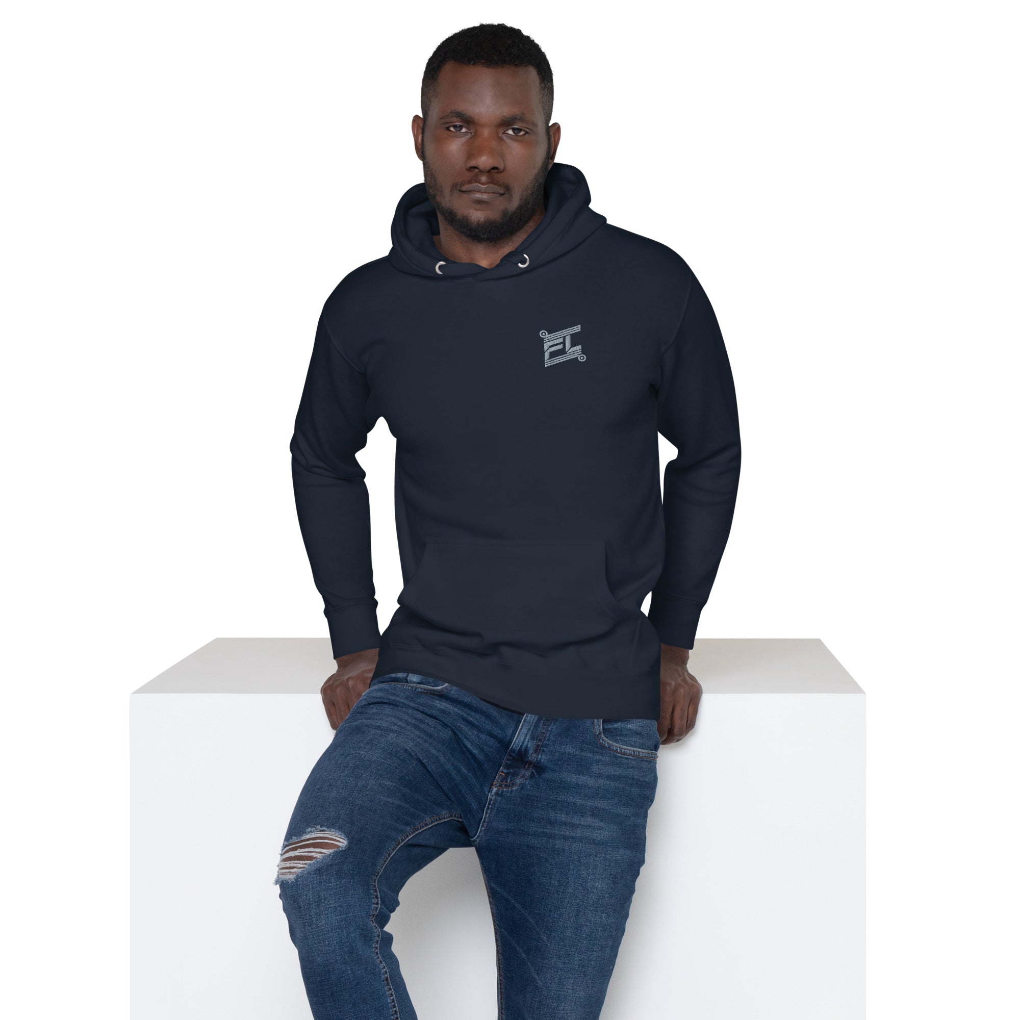 FL-FIT Ignite hoodie M2580 charbon, mockup face avant, logo gris brodé, fond blanc
