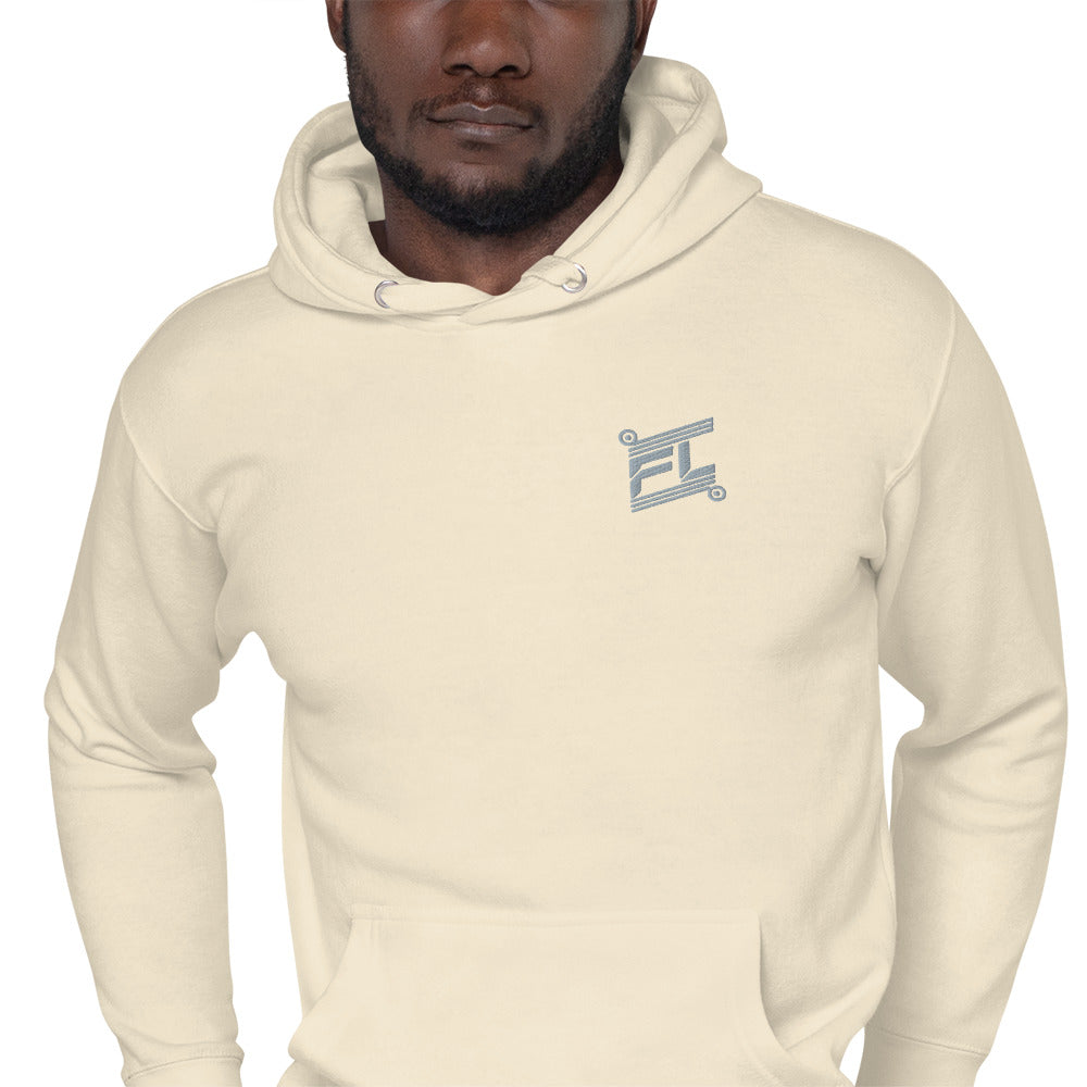 FL-FIT Ignite hoodie M2580 crème, mockup zoomed-in torse, logo gris brodé, fond blanc
