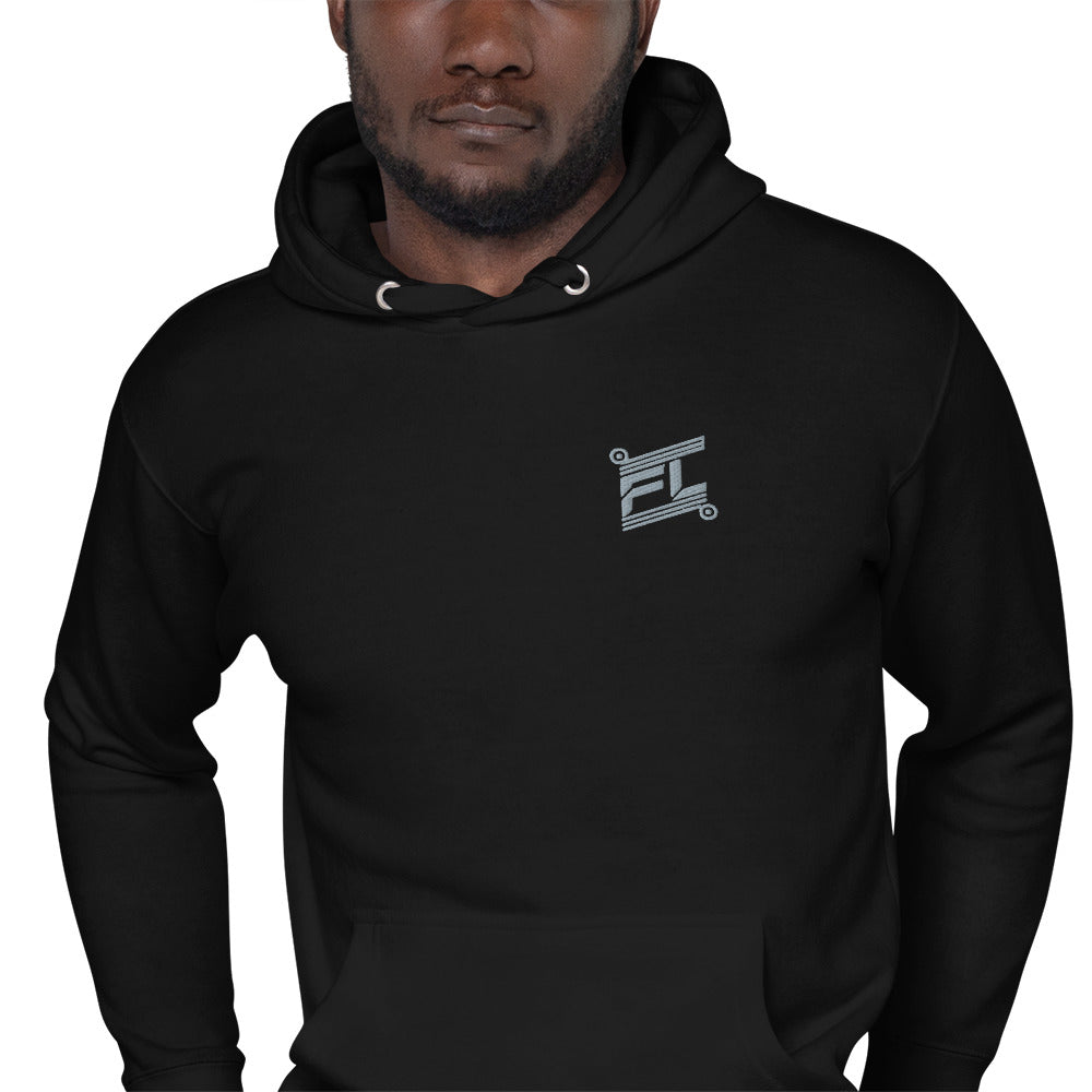 FL-FIT Ignite hoodie M2580 noir, mockup zoomed-in torse, logo gris brodé, fond blanc