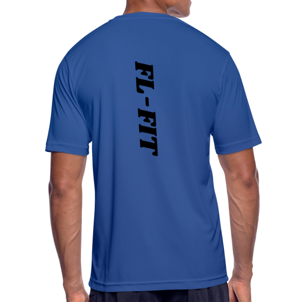 FL-FIT T-shirt Bleu — Dos, logo FL-FIT vertical noir, coupe classique sport