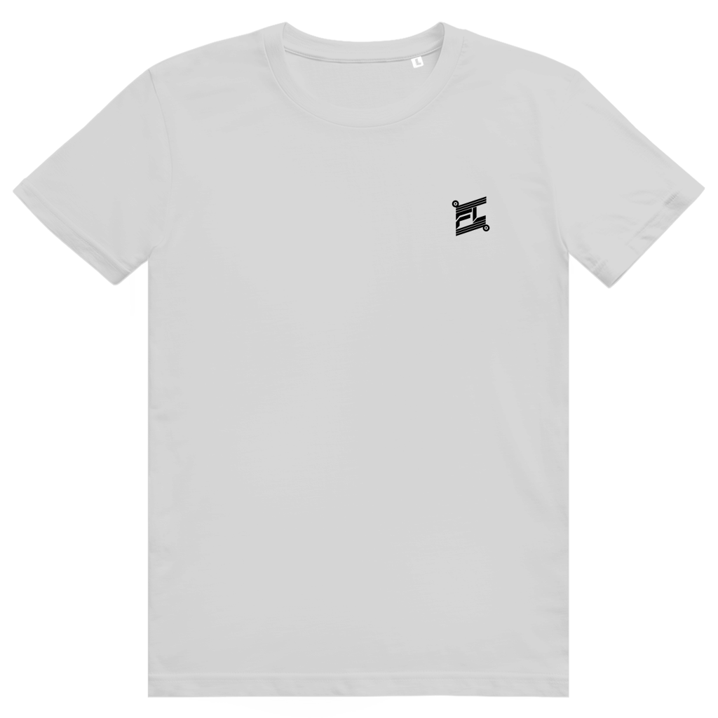 T-shirt streetwear gris bruyère, coupe classique. Face avant minimaliste avec un logo noir discret imprimé sur la poitrine, conçu pour contraster avec un dos graphique.