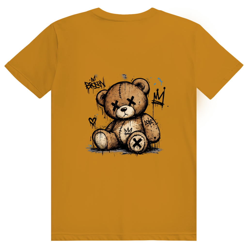 T-shirt streetwear Orange imprimé "Broken Bear", avec un ours en peluche aux yeux en croix, entouré de tags et de coulures de peinture noire façon graffiti.