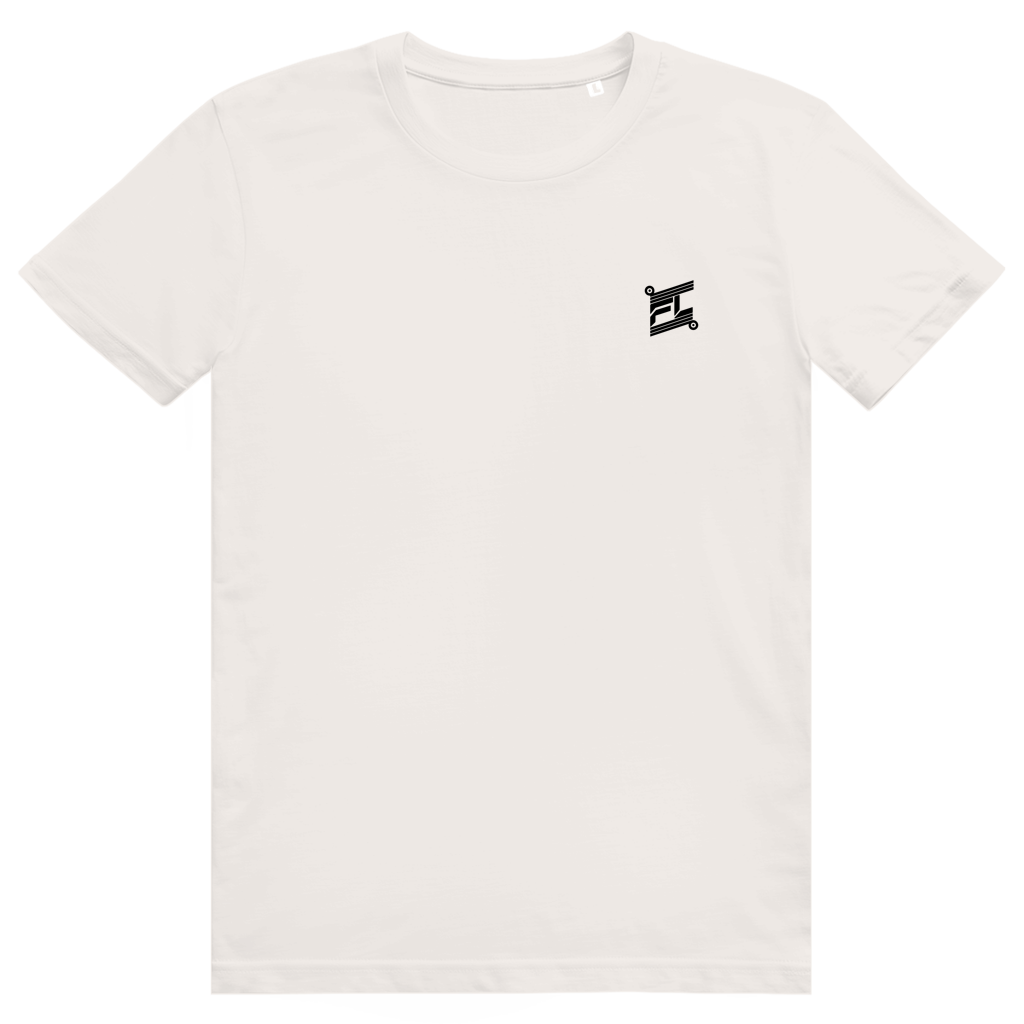 T-shirt streetwear blanc-cassé, coupe classique. Face avant minimaliste avec un logo noir discret imprimé sur la poitrine, conçu pour contraster avec un dos graphique.