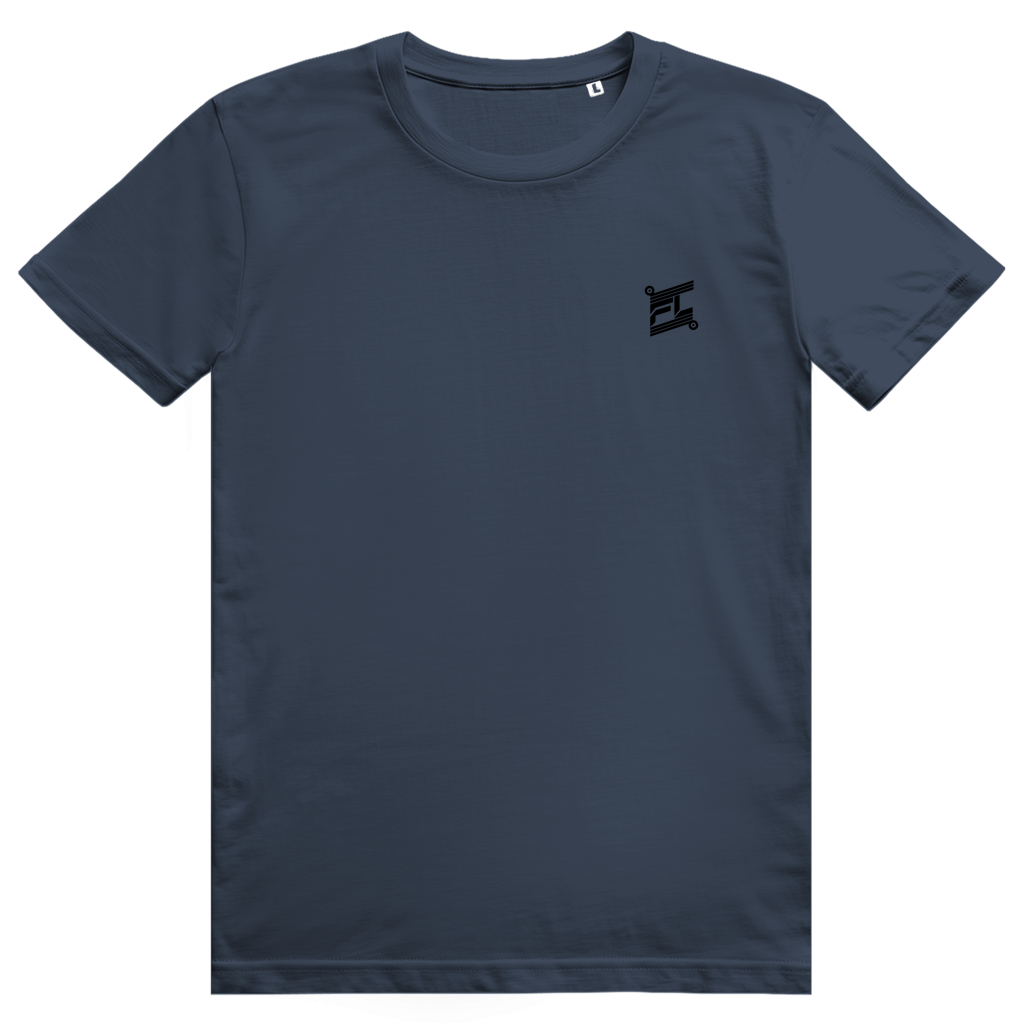 T-shirt streetwear bleu, coupe classique. Face avant minimaliste avec un logo noir discret imprimé sur la poitrine, conçu pour contraster avec un dos graphique.