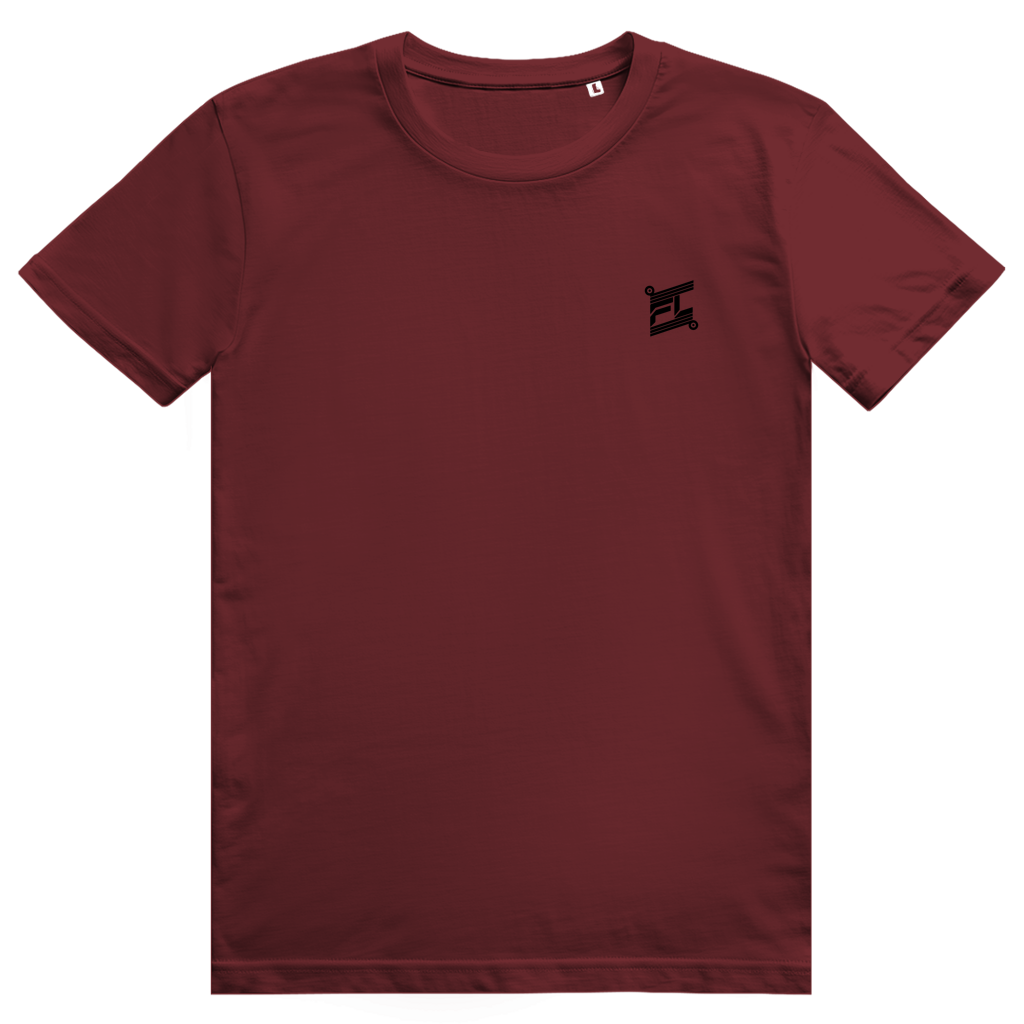 T-shirt streetwear bordeau, coupe classique. Face avant minimaliste avec un logo FL noir discret imprimé sur la poitrine, conçu pour contraster avec un dos graphique.