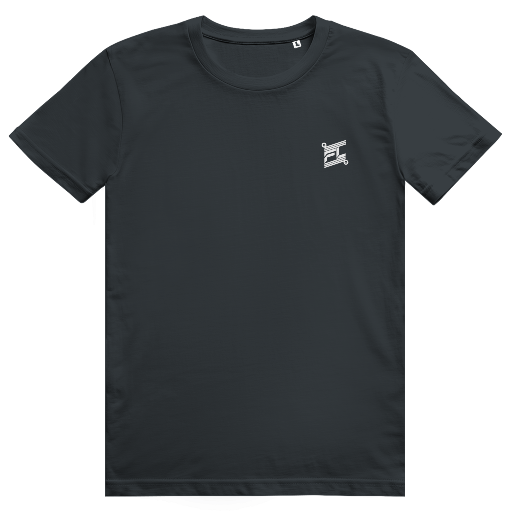 T-shirt streetwear gris foncé, coupe classique. Face avant minimaliste avec un logo noir discret imprimé sur la poitrine, conçu pour contraster avec un dos graphique.