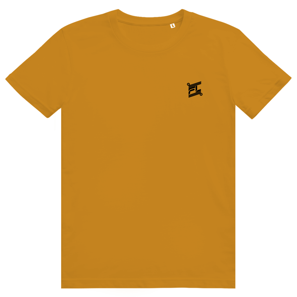 T-shirt streetwear orange, coupe classique. Face avant minimaliste avec un logo FL noir discret imprimé sur la poitrine, conçu pour contraster avec un dos graphique.